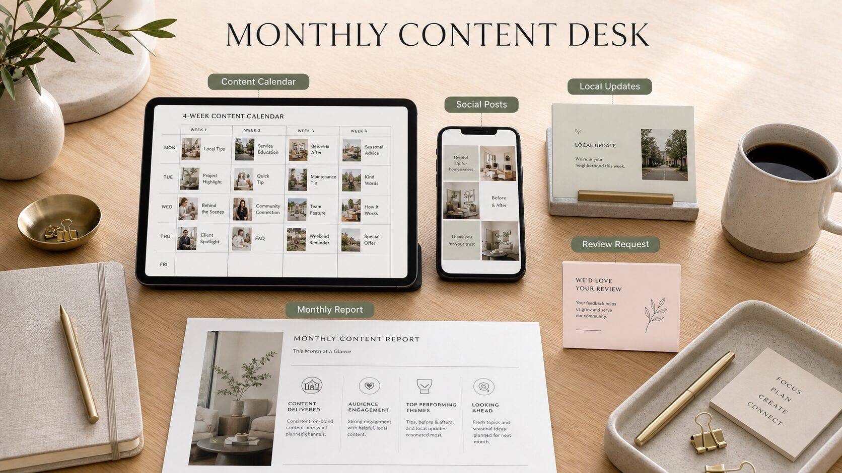 Photographic monthly content desk showing a content calendar, social posts, local updates, review request and monthly report arranged as one managed content system.
