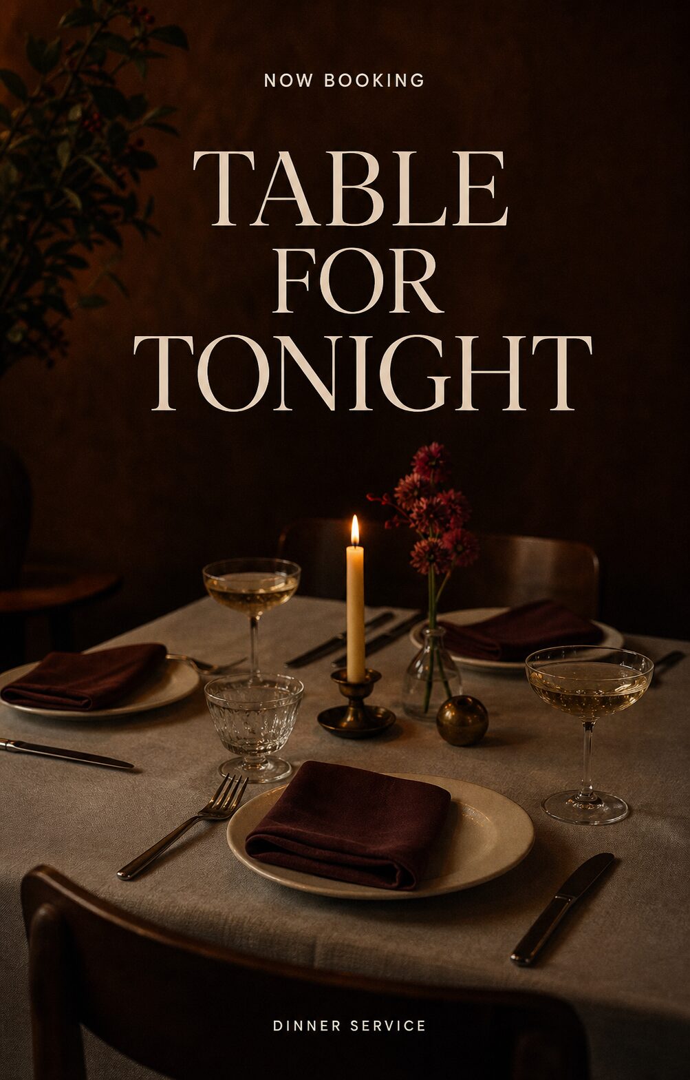 Table for Tonight restaurant poster with candlelit dining scene and editorial typography.