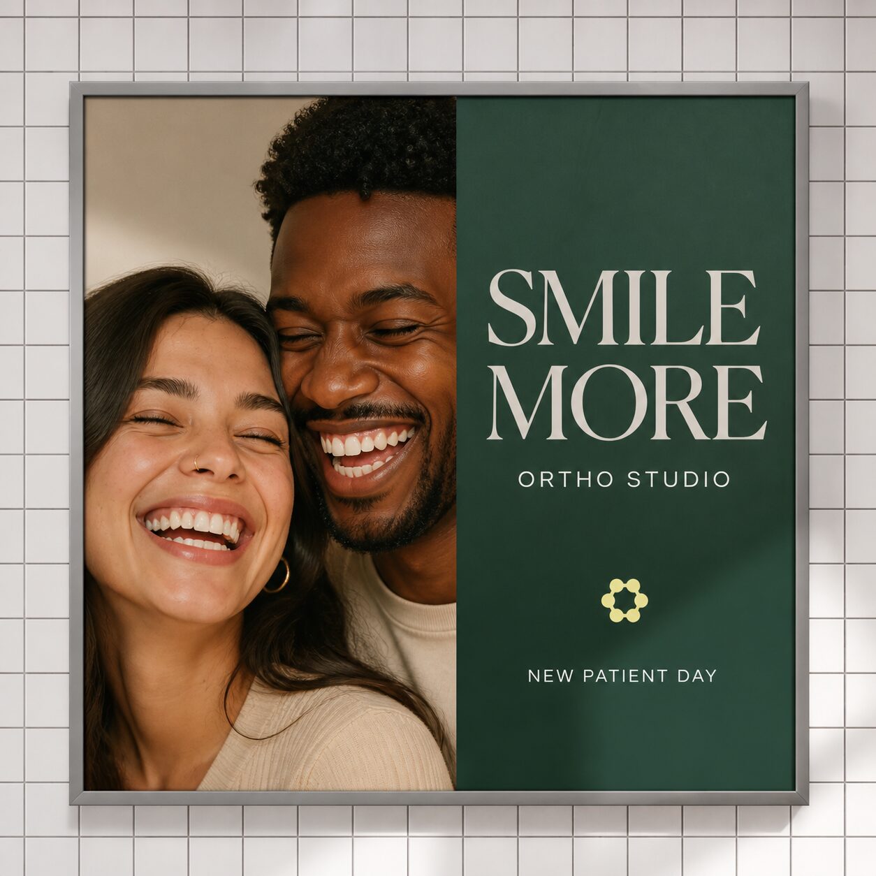 Smile More dental clinic poster with warm portrait and calm green graphic system.